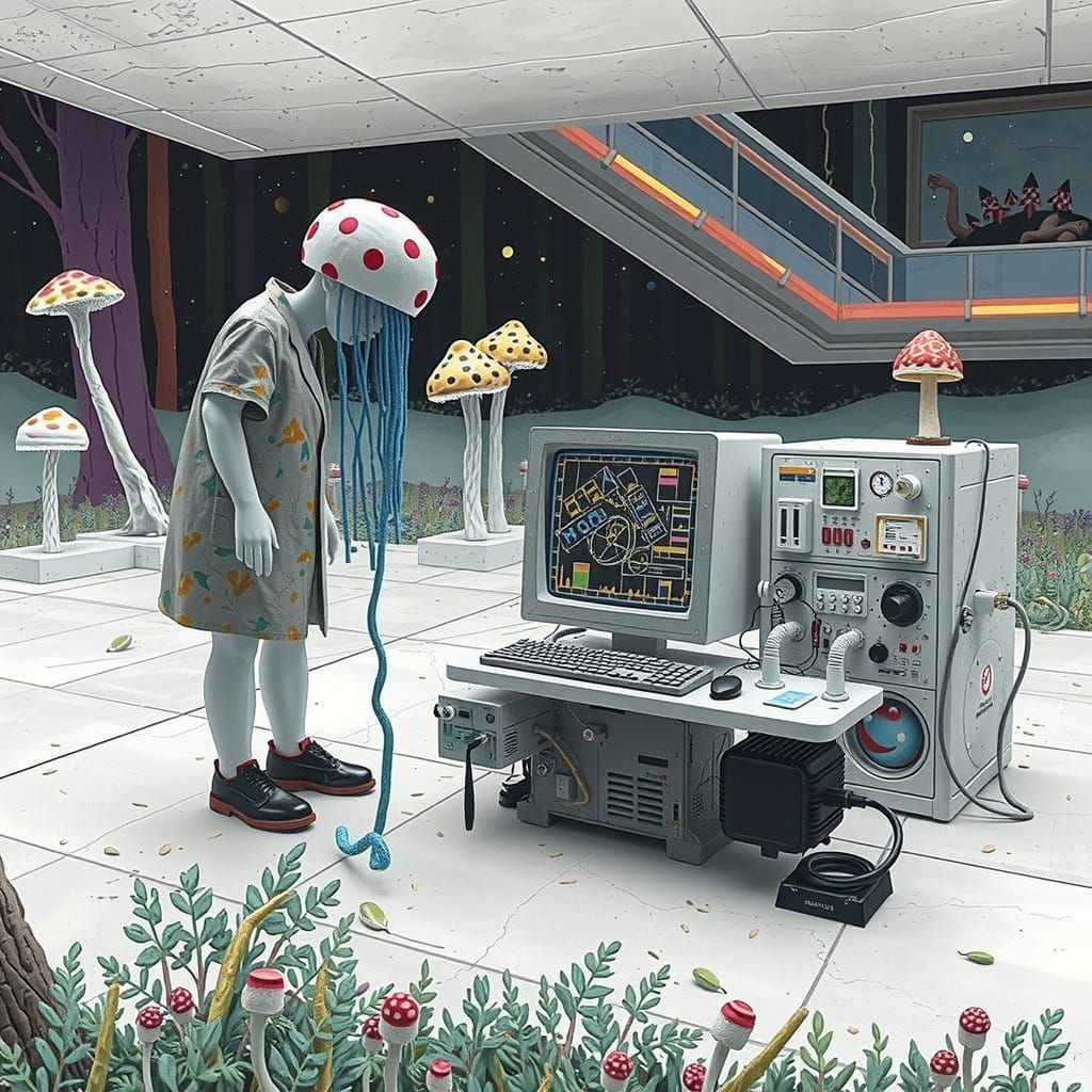 Surreal Mushroom Bungalow with Computer in Hyperreal Style