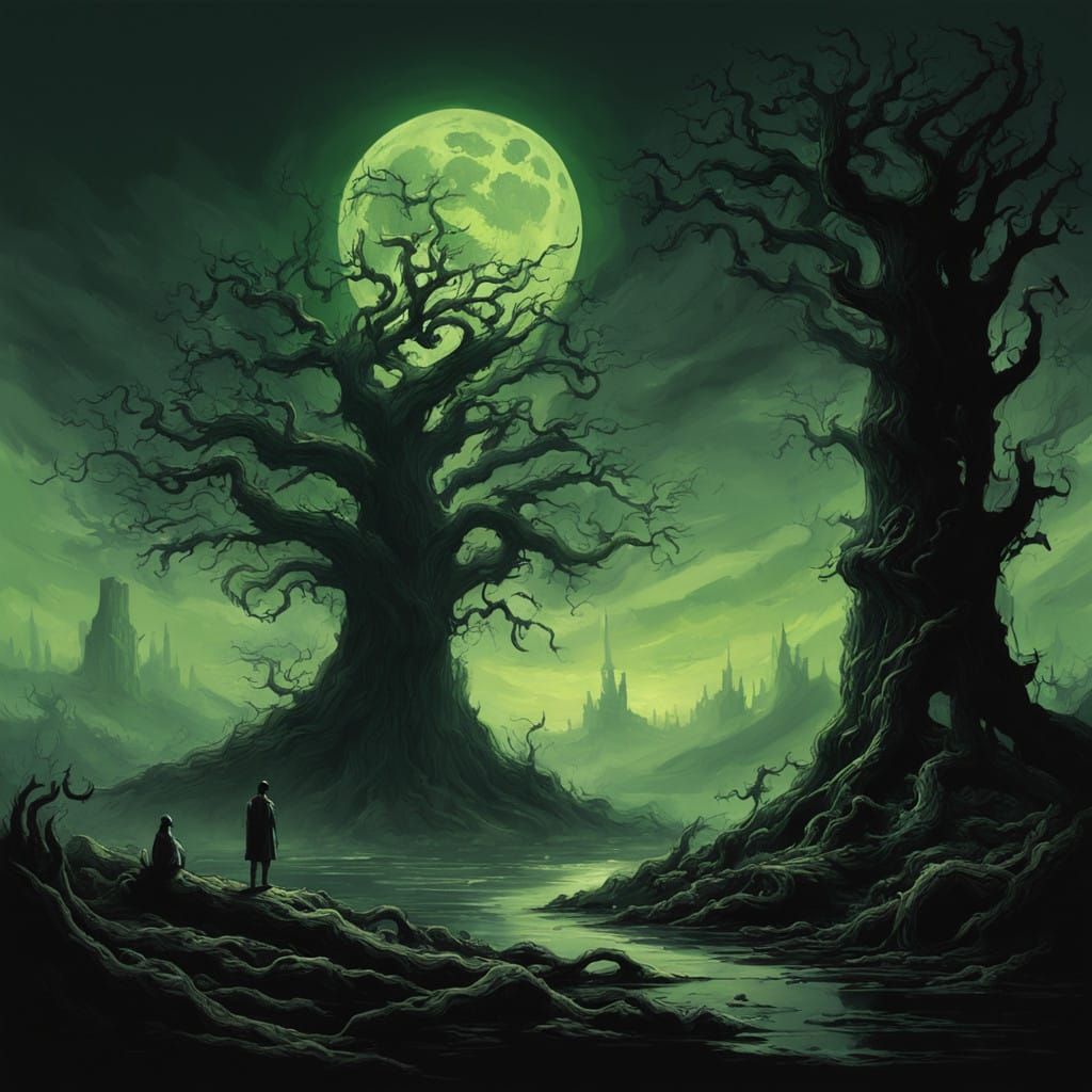 Ancient Python Entwines Haunting Tree in Dark, Moonlit Lands...