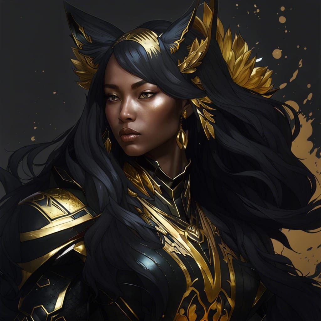 Armored Black Kitsune Portrait in Art Nouveau Style