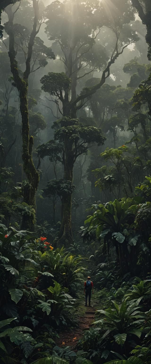 Man in Jungle Clearing: Vibrant Oil Painting