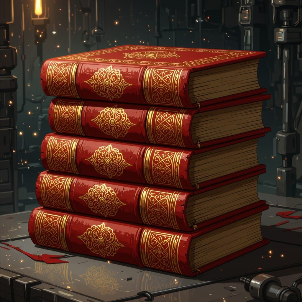 Ornate Red Books in Futuristic Style