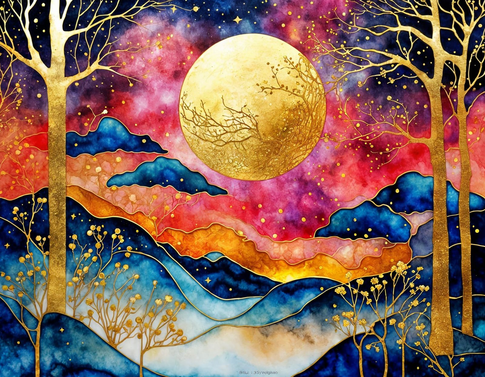 Zen Dreamscape Forest with Gold Filigree Moonlight