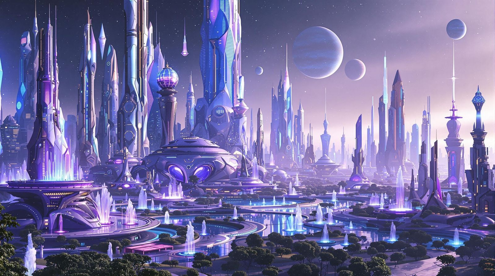 Epic Futuristic Cityscape Under Celestial Skies