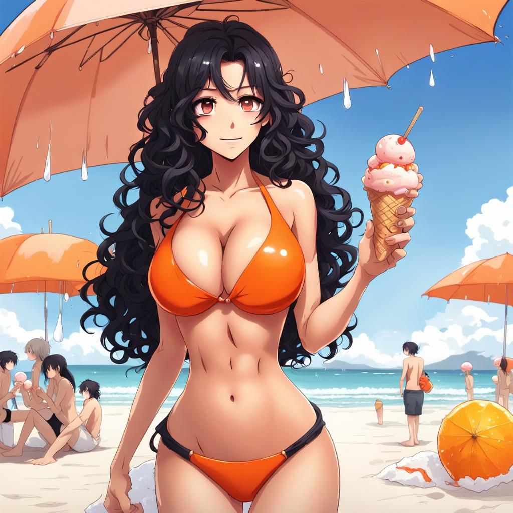 Anime Woman with Ice Cream on Beach
