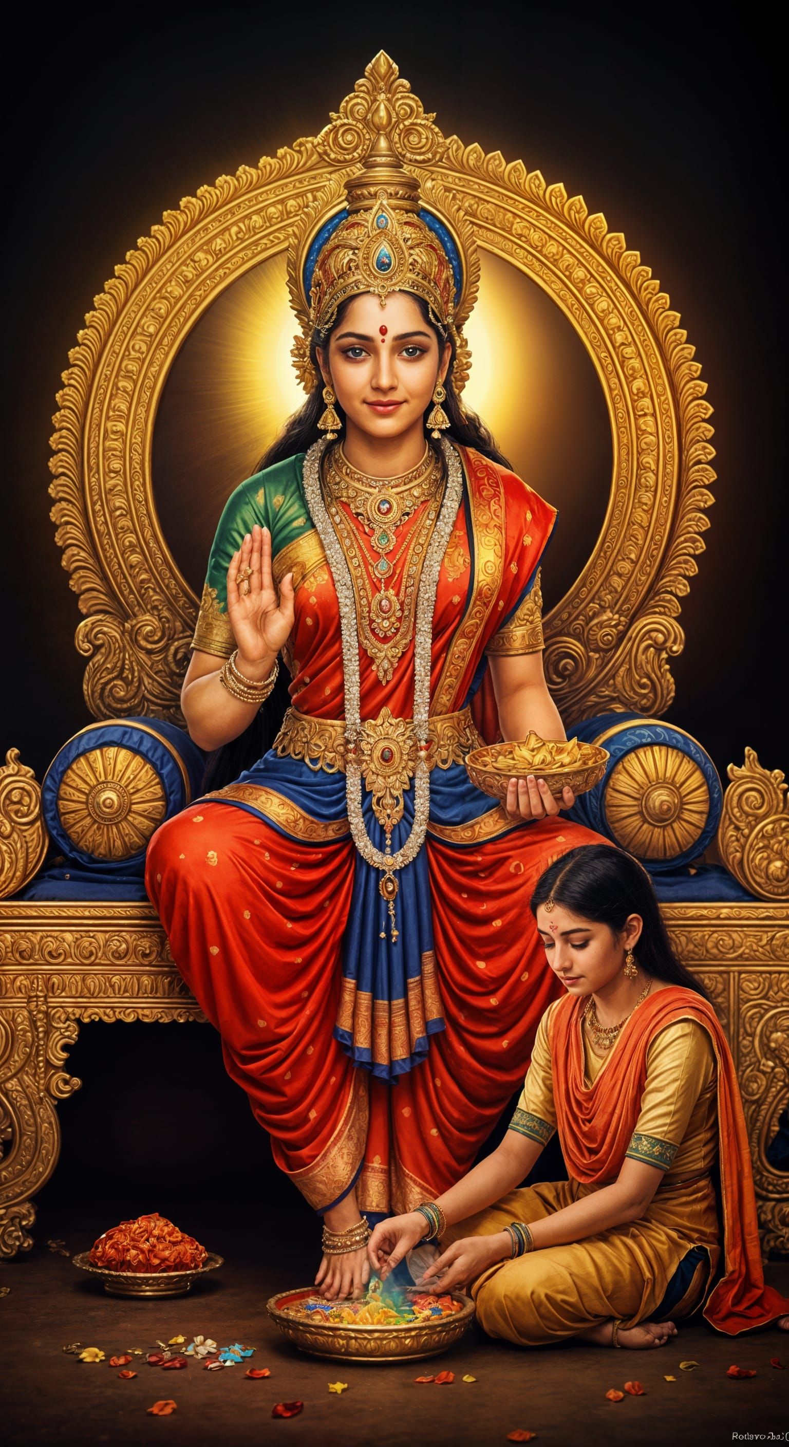 Goddess Santoshi Radiates Divine Energy in Vibrant Red and G...