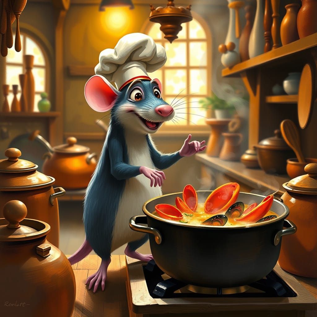 Whimsical Parisian Kitchen Scene with Ratatouille's Remy
