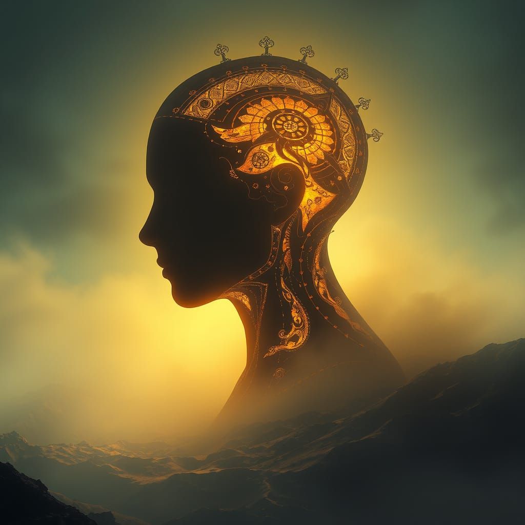 Gold-Lit Head Silhouette in Dreamlike Landscape