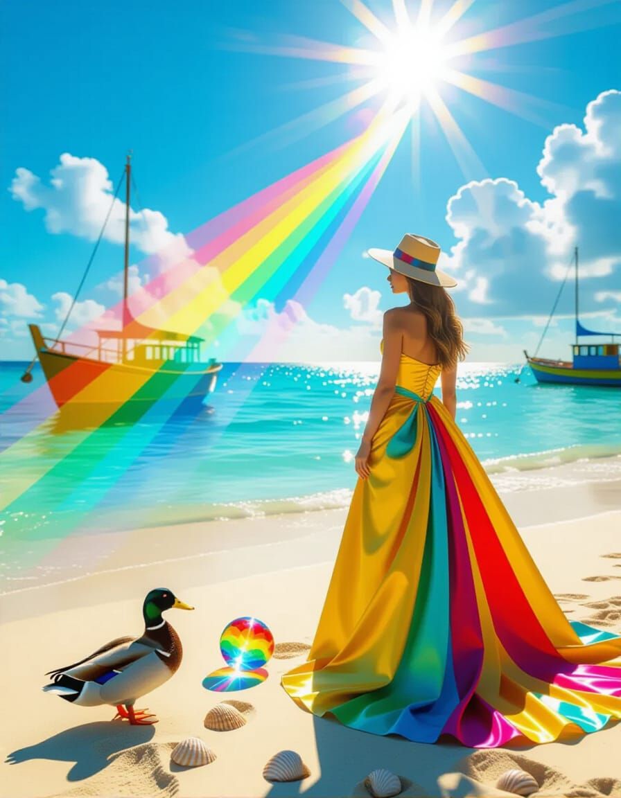 Prismatic Light Refraction on Steampunk Beach, 3D Photograph...