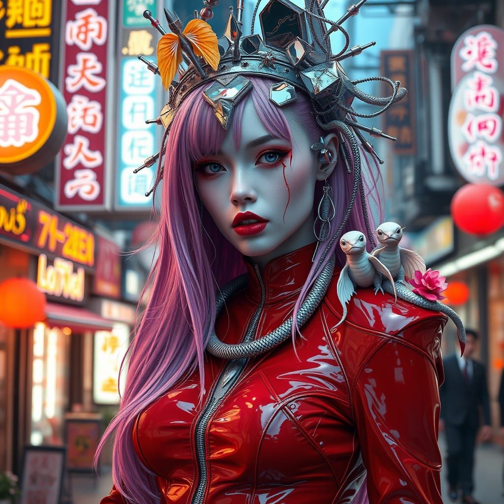 Cyberpunk Woman with Spiked Suit and Neon Details