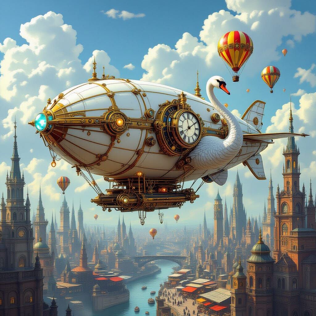 Swan Airship Soaring Over Steampunk Metropolis