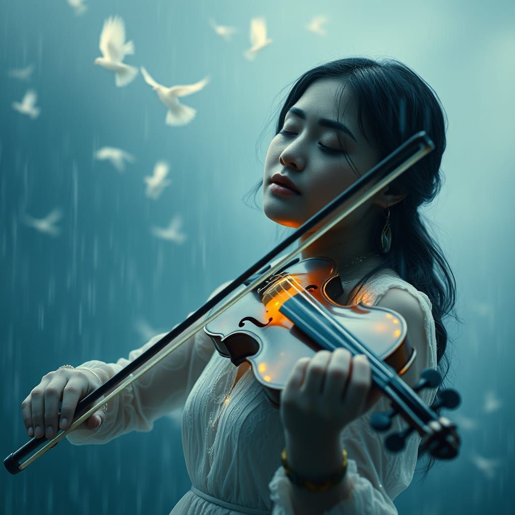 Ethereal Melody in Rainy Night, Cinematic Film Still