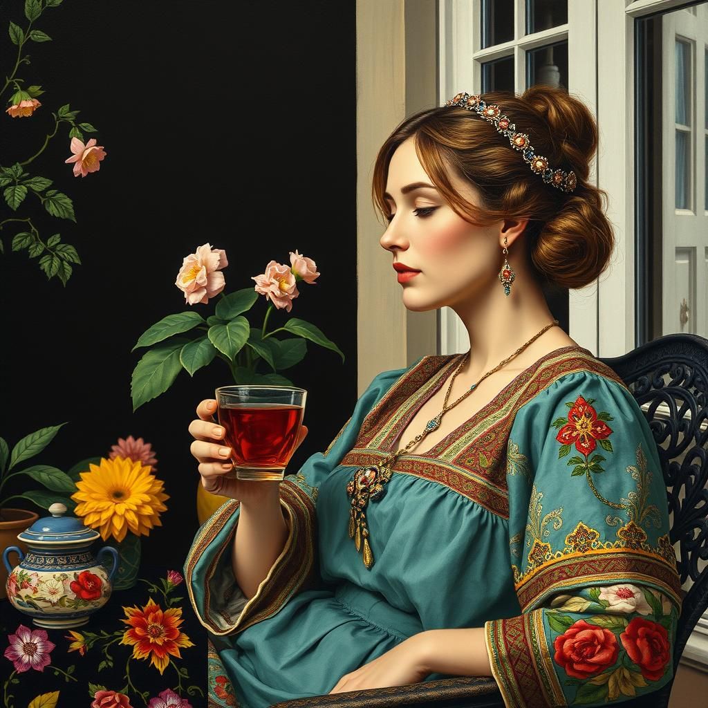 Woman's Relaxing Tea Break: Palekh-Style Painting