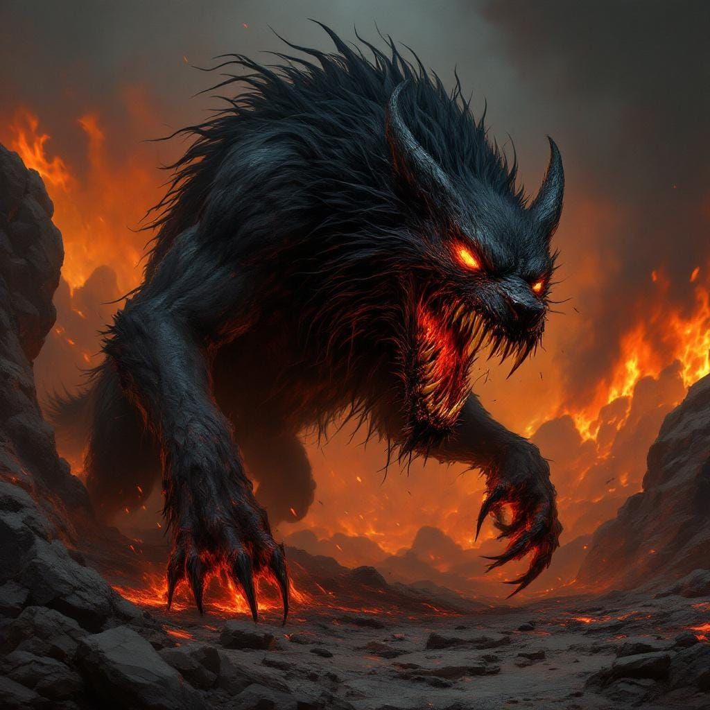 Menacing Hellhound in Apocalyptic Landscape