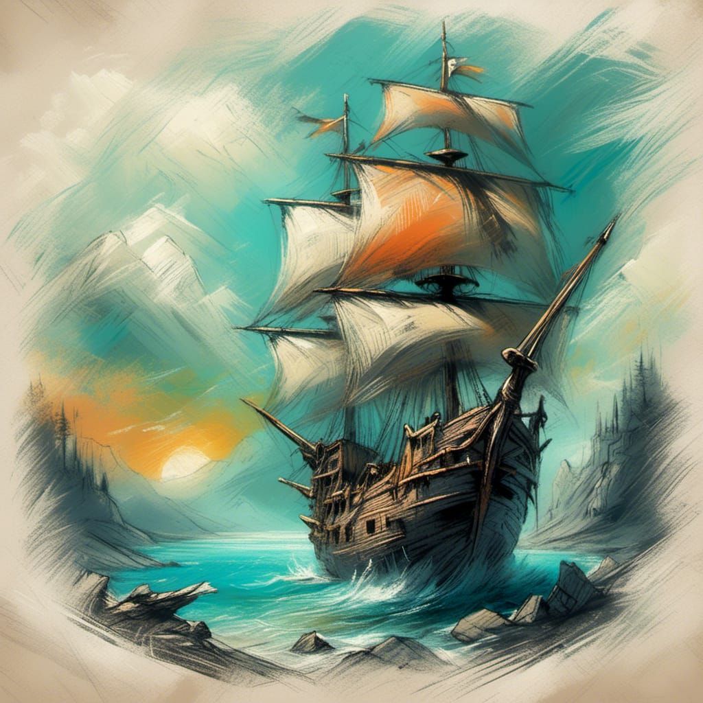 Pirate Ship Chalk Drawing in Fantasy Landscape