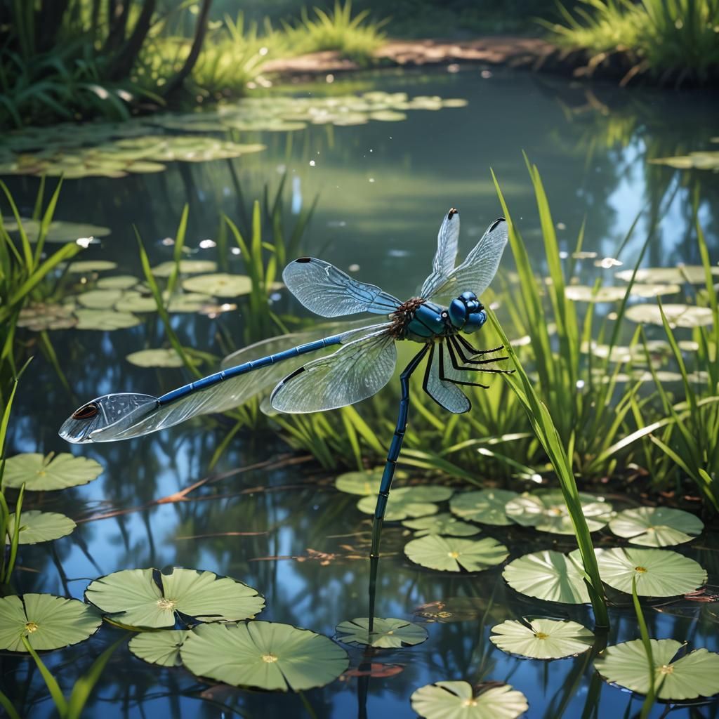 Blue Dragonfly in Forest Pond: Macrophotography
