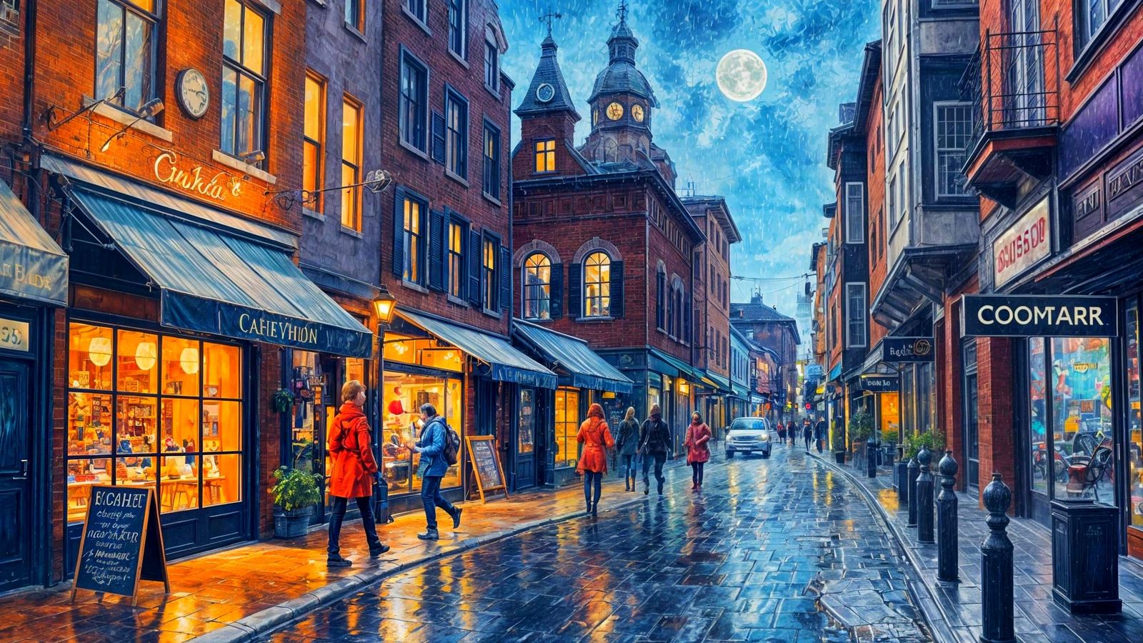 Moonlit Alley with Cafe: Expressive Watercolor and Oil Paint...