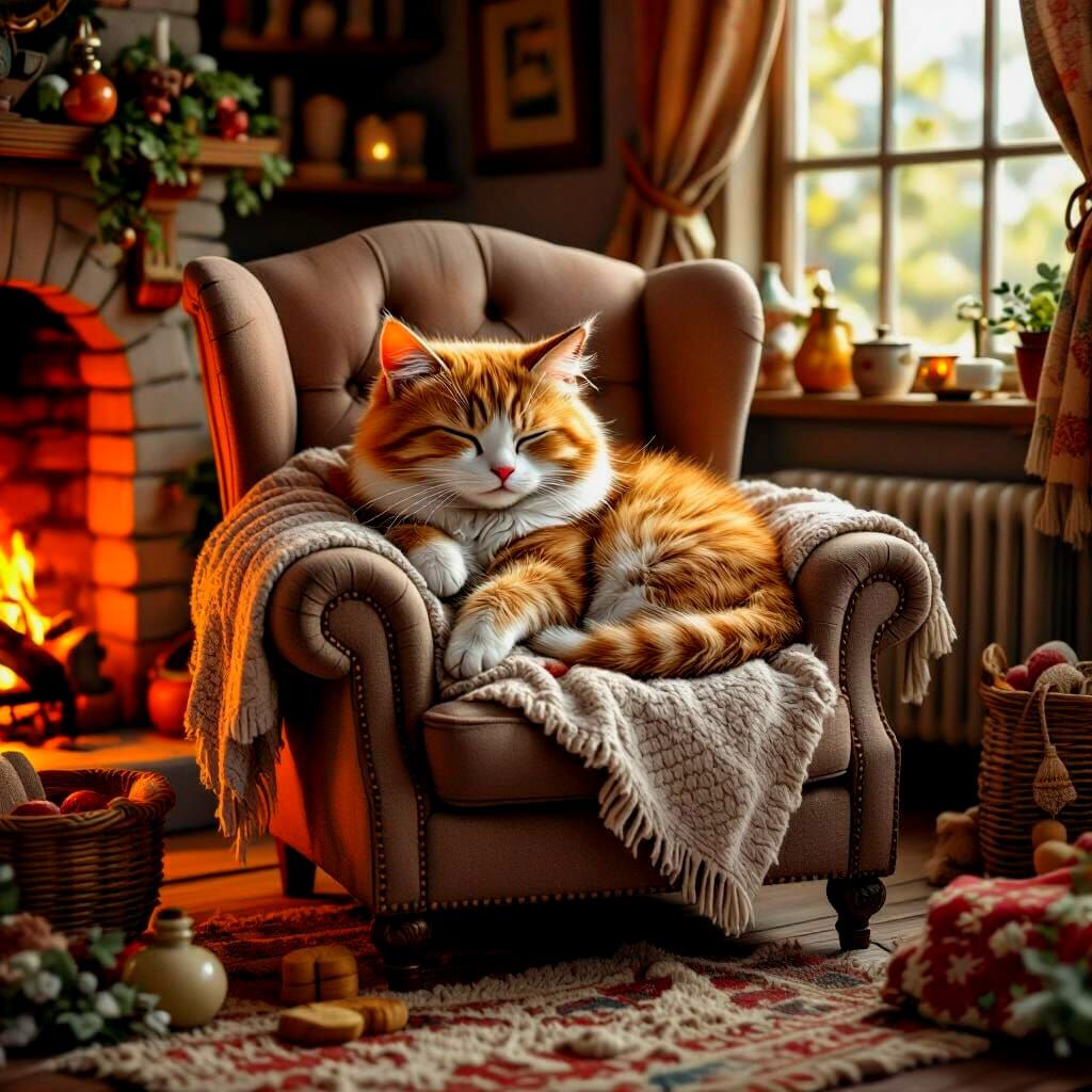 Cat Nap in Rustic Cottage: Vintage Illustration