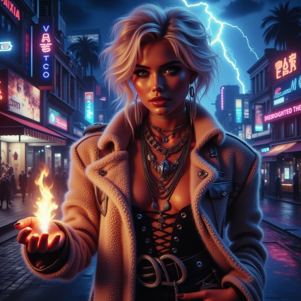 Glam Rock Magician with Neon Serpent Skyline