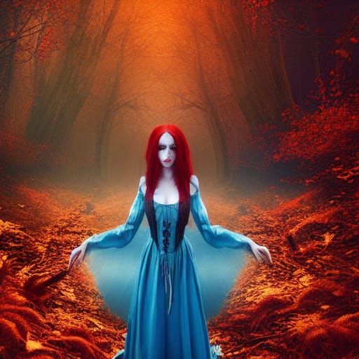 Diabolical Red-Haired Witch in Autumn Woods