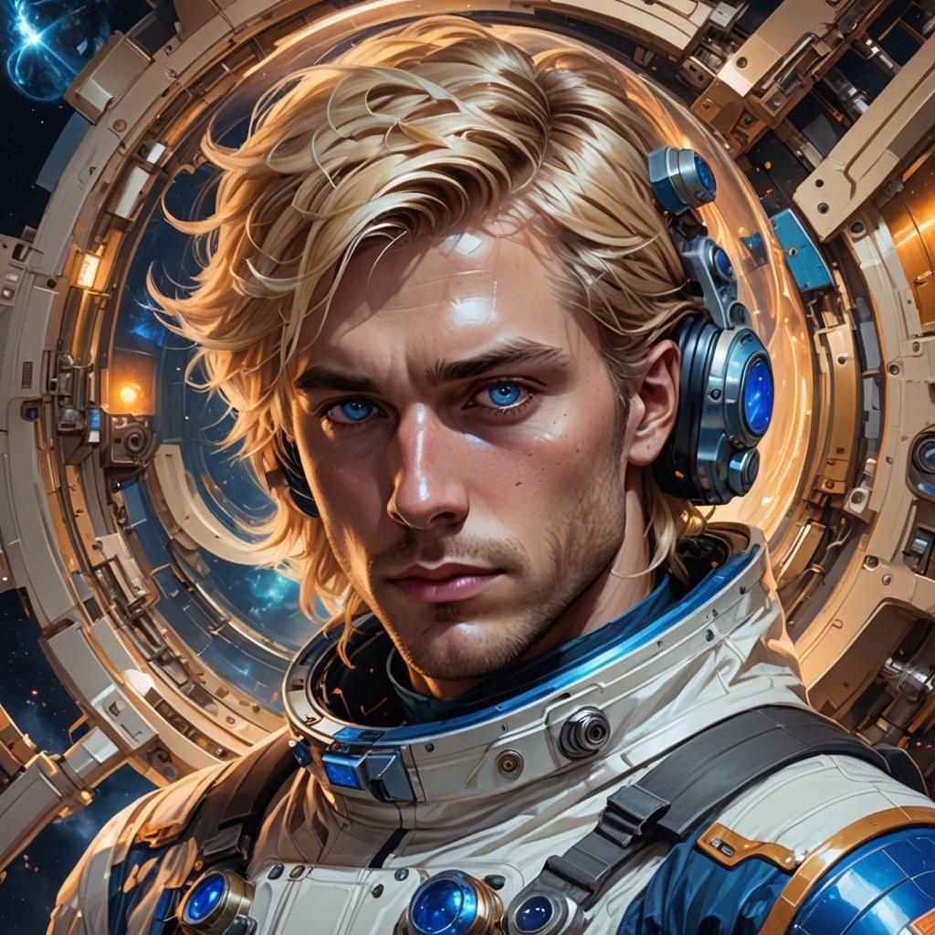 Ethereal Blond Astronaut Portrait in Art Nouveau Style