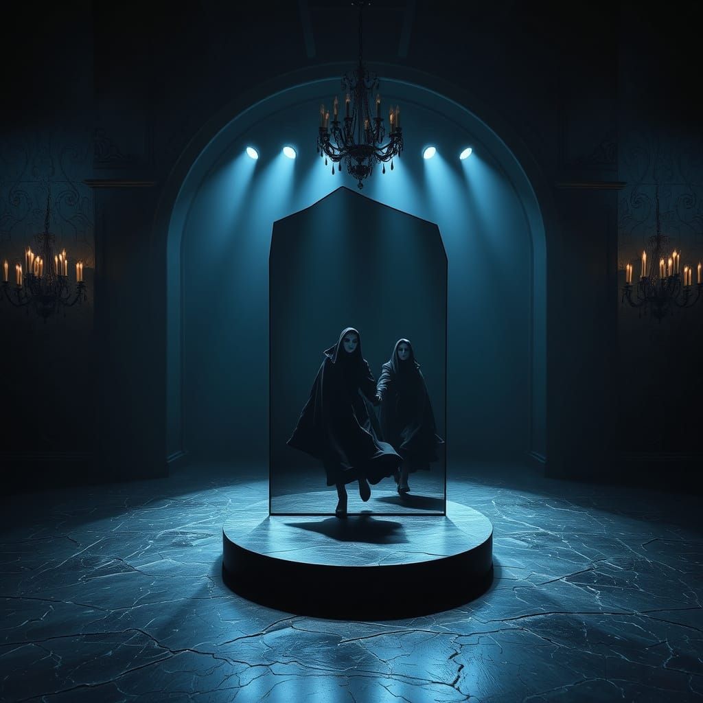 Dark Surrealism Chamber with Fractured Mirror and Velvet Ash