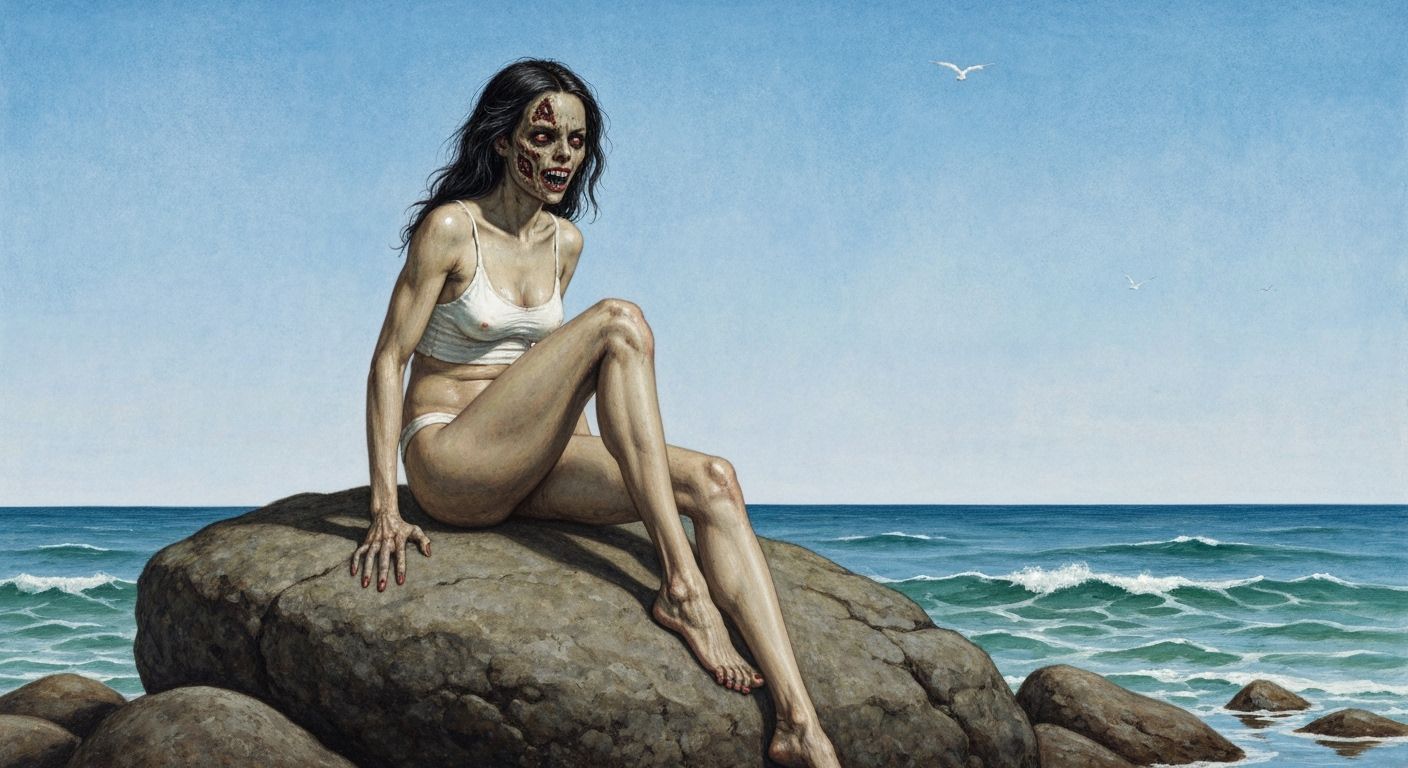 Selkie Monster on Rock by Ocean, Zombie Face