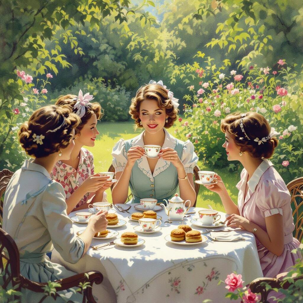 English Garden Tea Party in Impressionistic Style