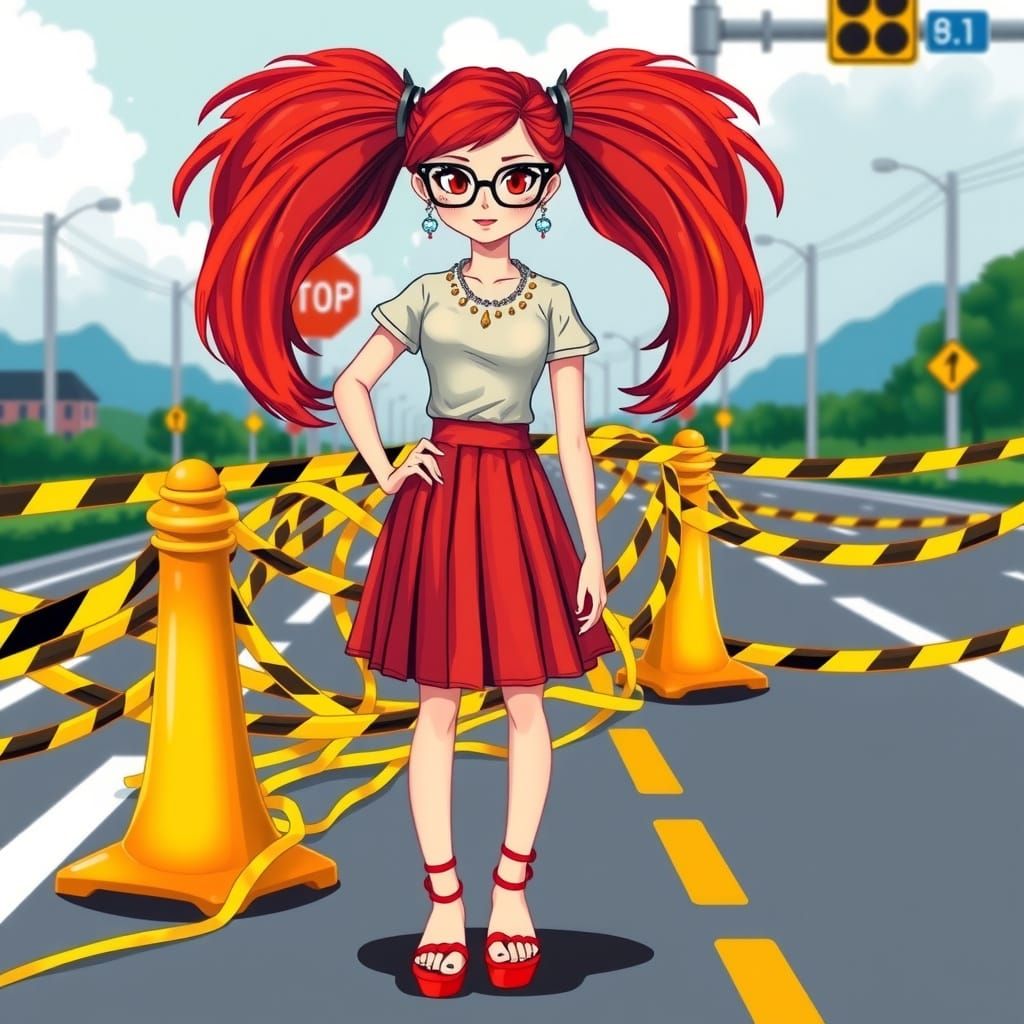 Confident Woman at Roadblock in Playful Comic Style