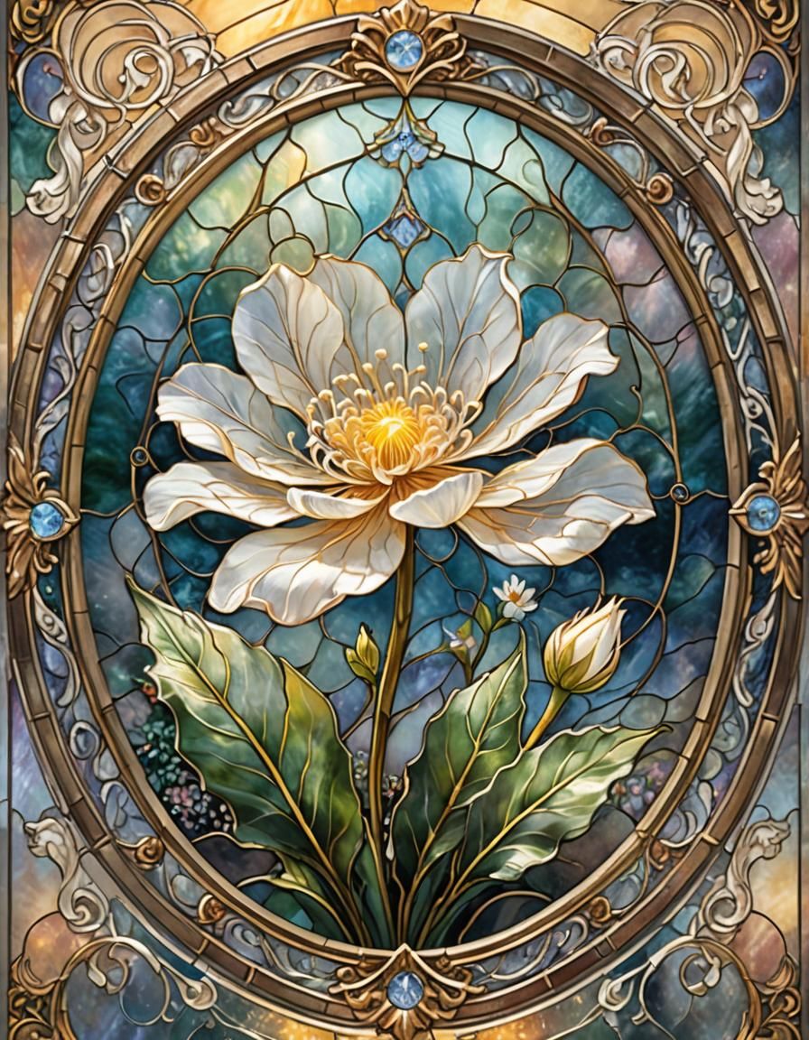 Ethereal Stained Glass Flower in Fantasy Landscape