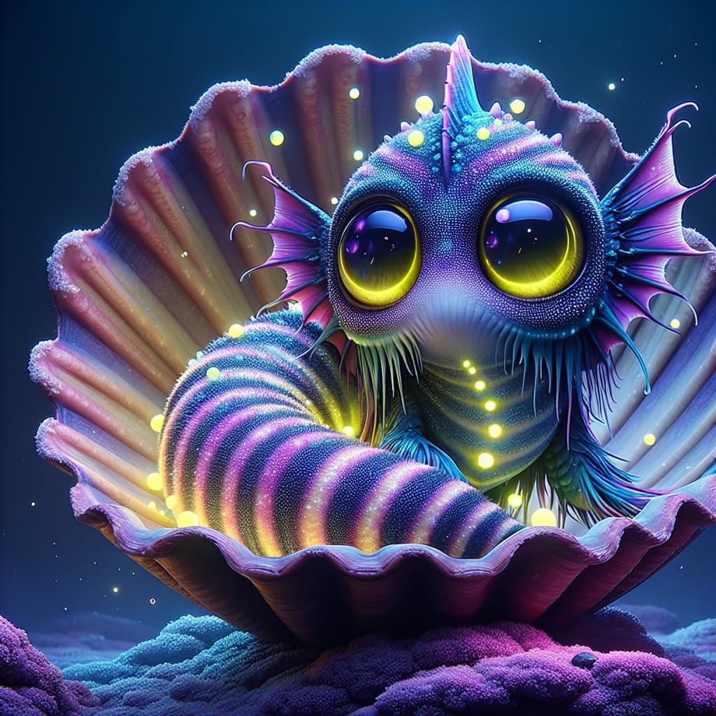 a mysterious adorable sea-monster with enormous yellow eyes ...