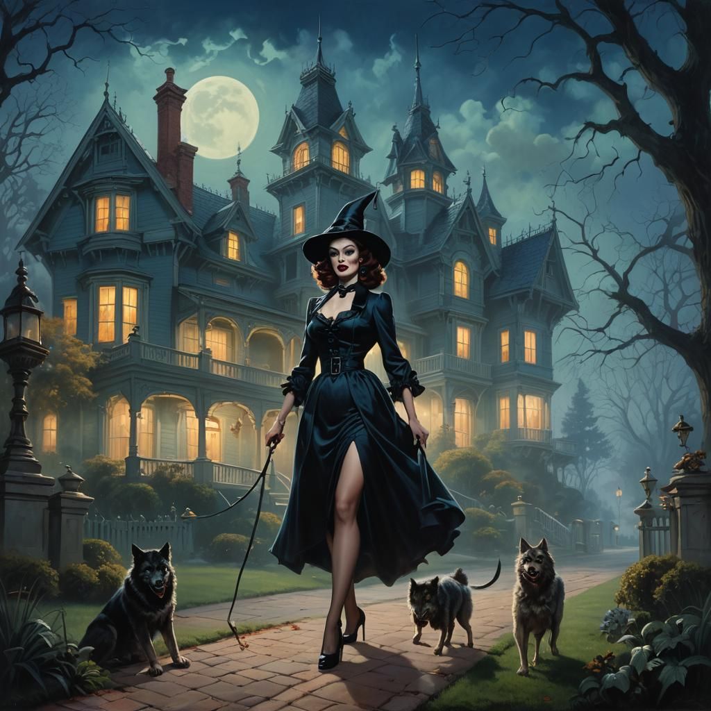 Pin-Up Witch Walking Werewolf in Ethereal Fantasy Style