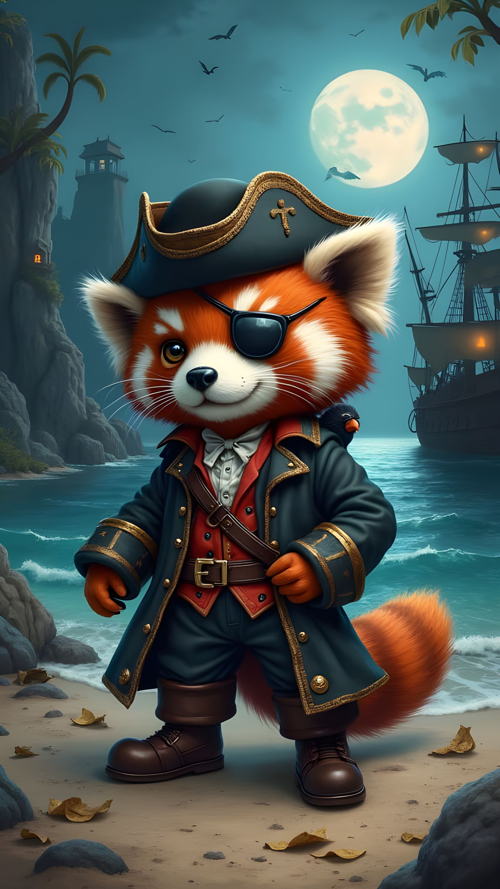 Fluffy Pirate Red Panda on Treasure Beach