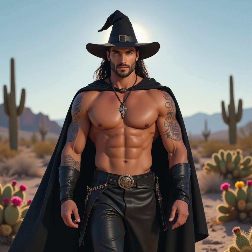 Muscular Male Witch Walks Through Desert in Black Cloak