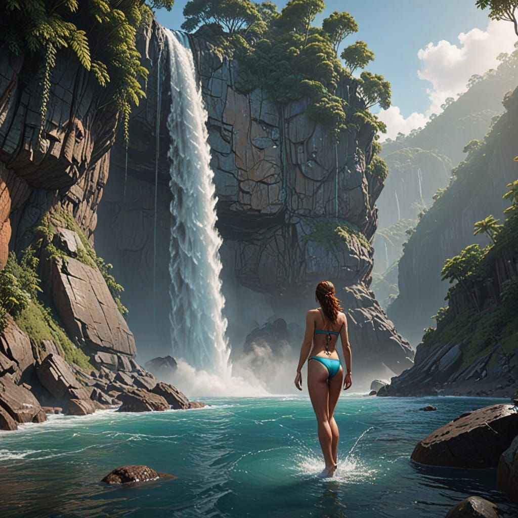 Diving Cliff Diver Under Tropical Waterfall