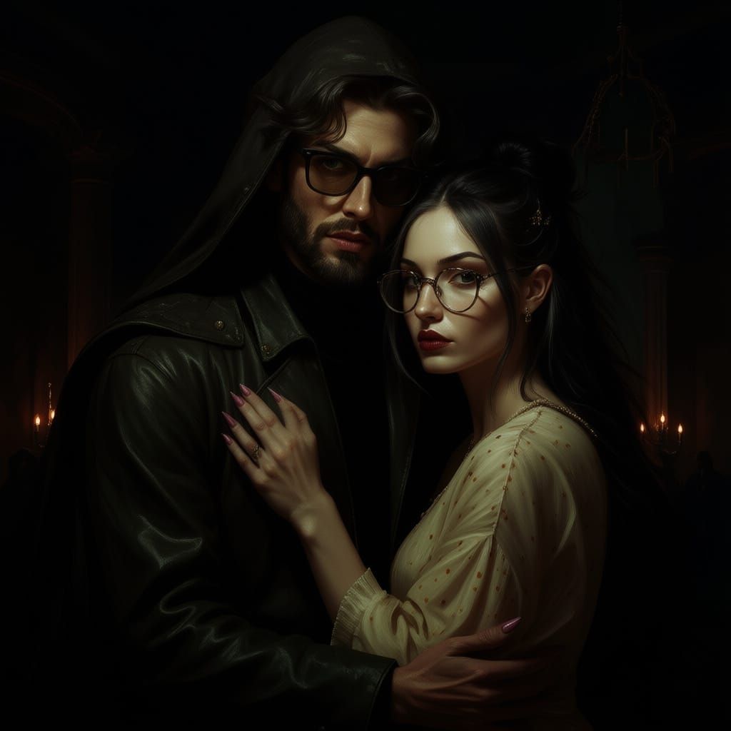 Sinister Couple Embracing in Gothic Ballroom Oil Painting