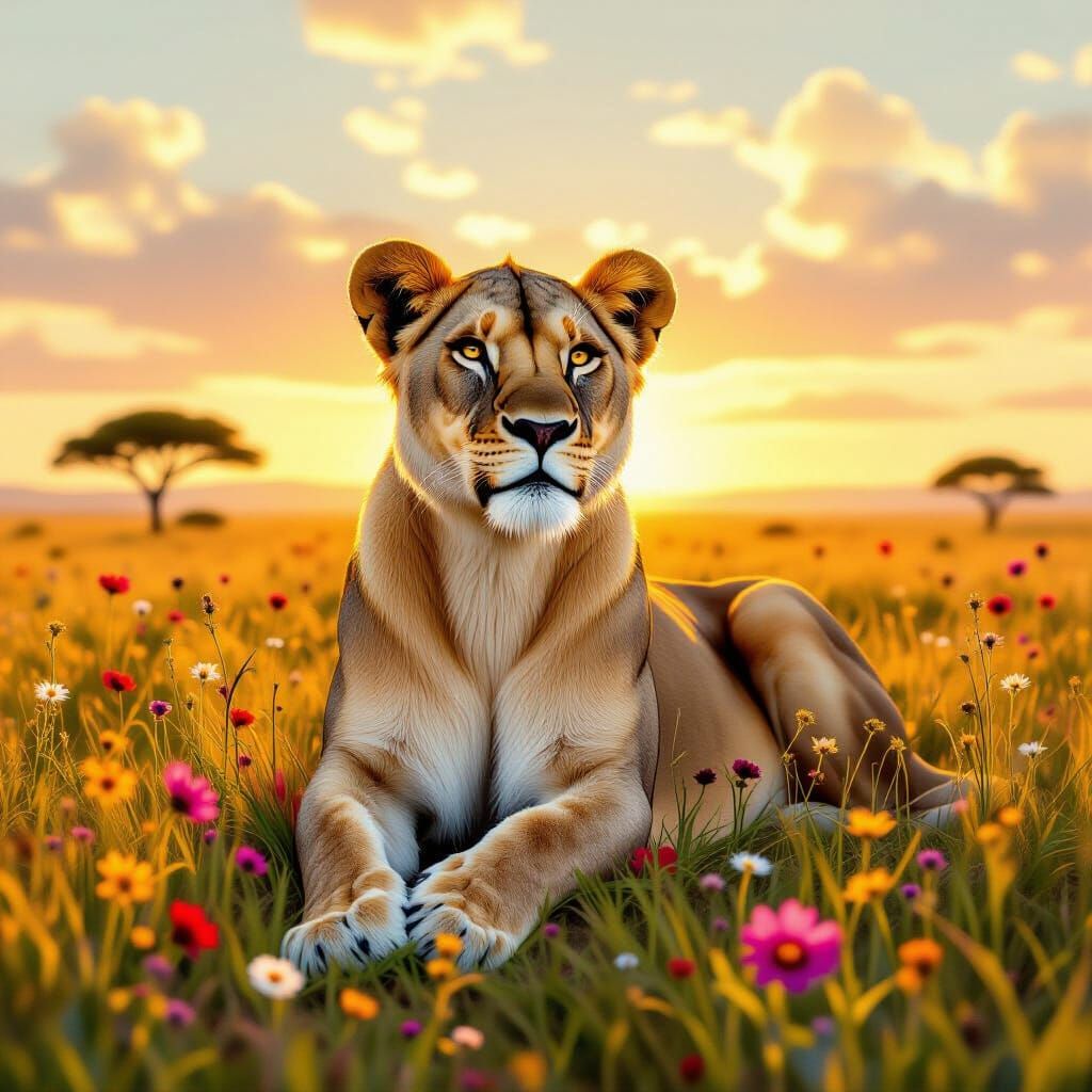 Lioness Posing in a Golden Savannah Landscape