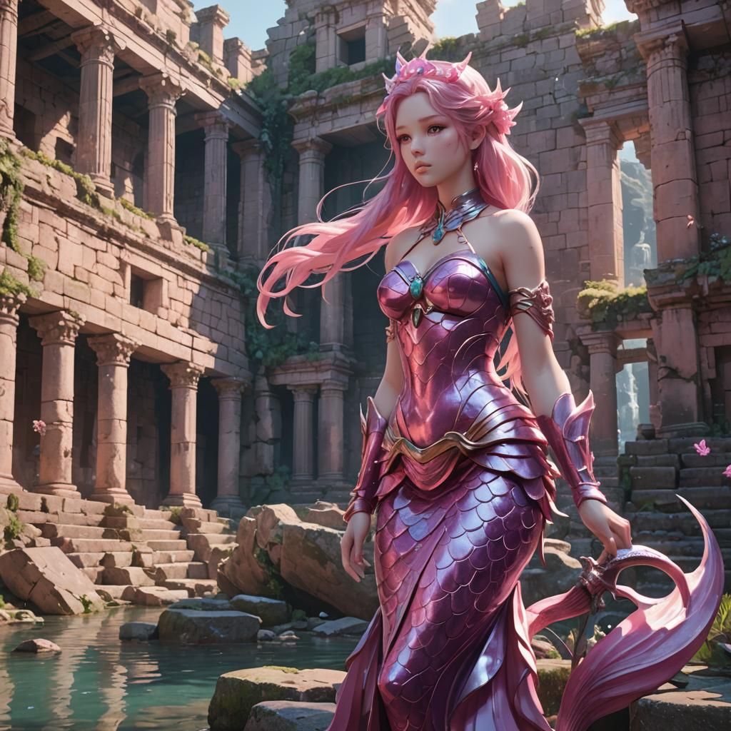 Pink Mermaid Guards Ancient Ruins in 3D Anime Style