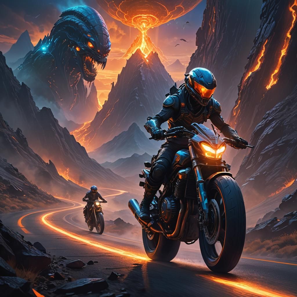 Aliens Ride Neon Bike on Mystical Mountain