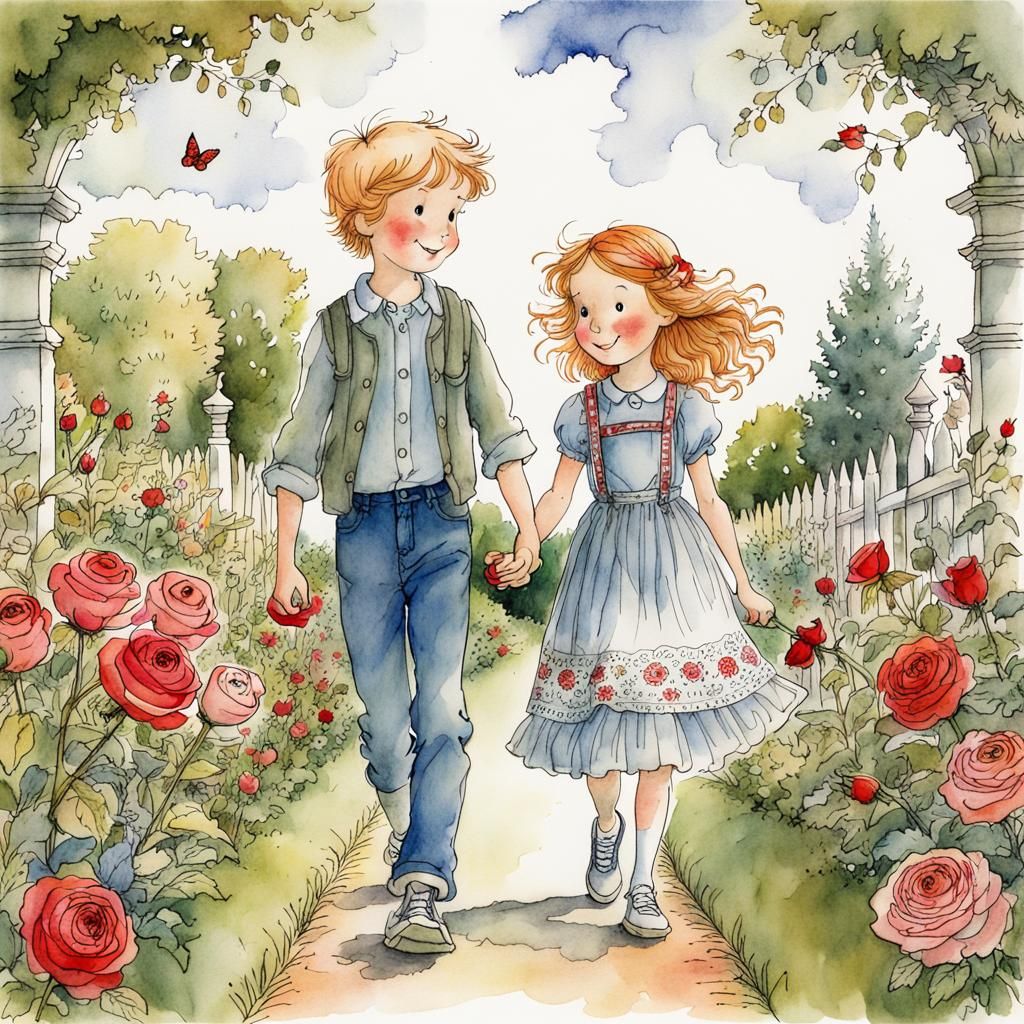 Children in Rose Garden: Storybook Watercolor Illustration