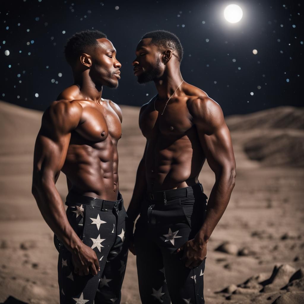 Muscular Black Gay Couple Embrace on the Moon