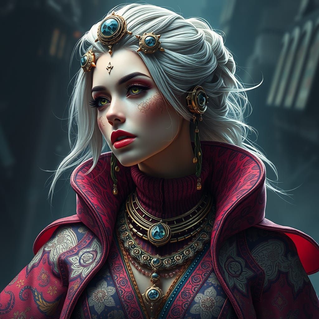 Woman in Ornate Attire, Hyperrealistic Detail