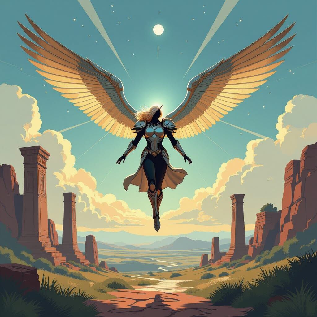 Art Deco Valkyrie Soars Over Ruins in Painterly Style