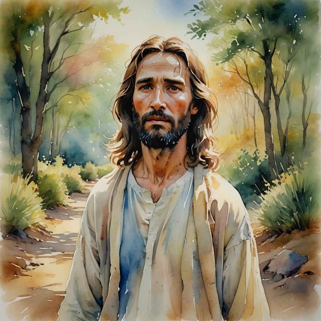 Watercolor Portrait of Jesus Walking With Man