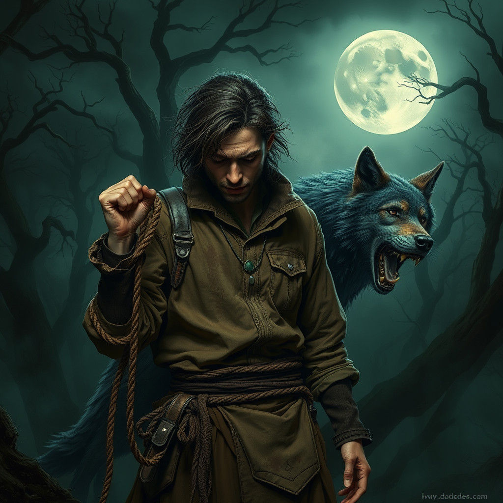 Tormented Figure Bound to a Wolf in Dark Forest