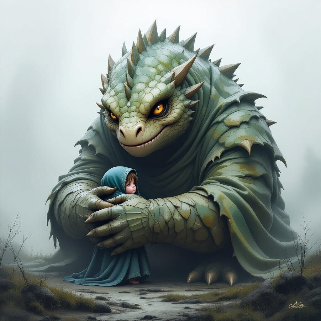 Gentle Giant Hugs Tiny Creature, Realistic Style