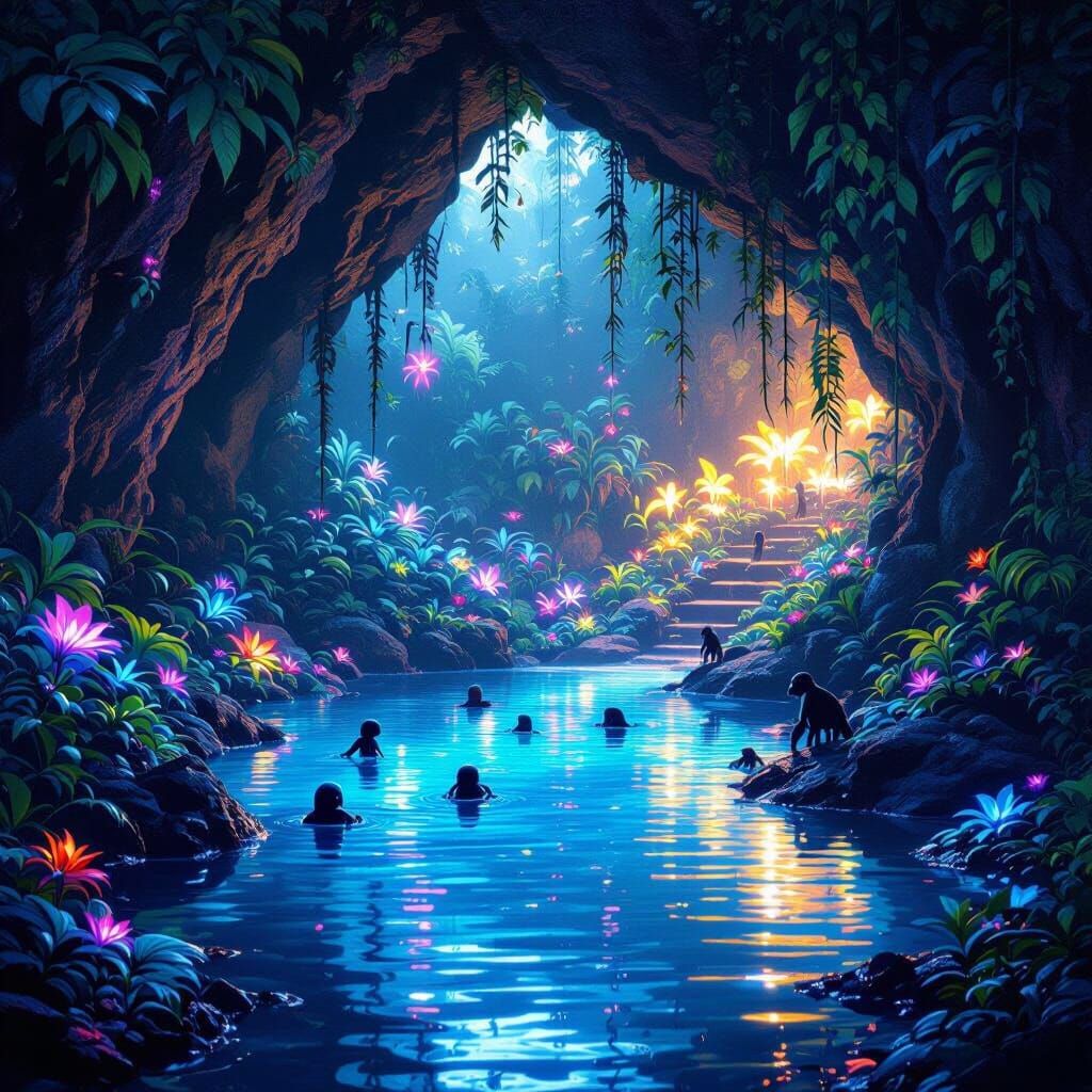 Bioluminescent Jungle Grotto with Strange Creatures