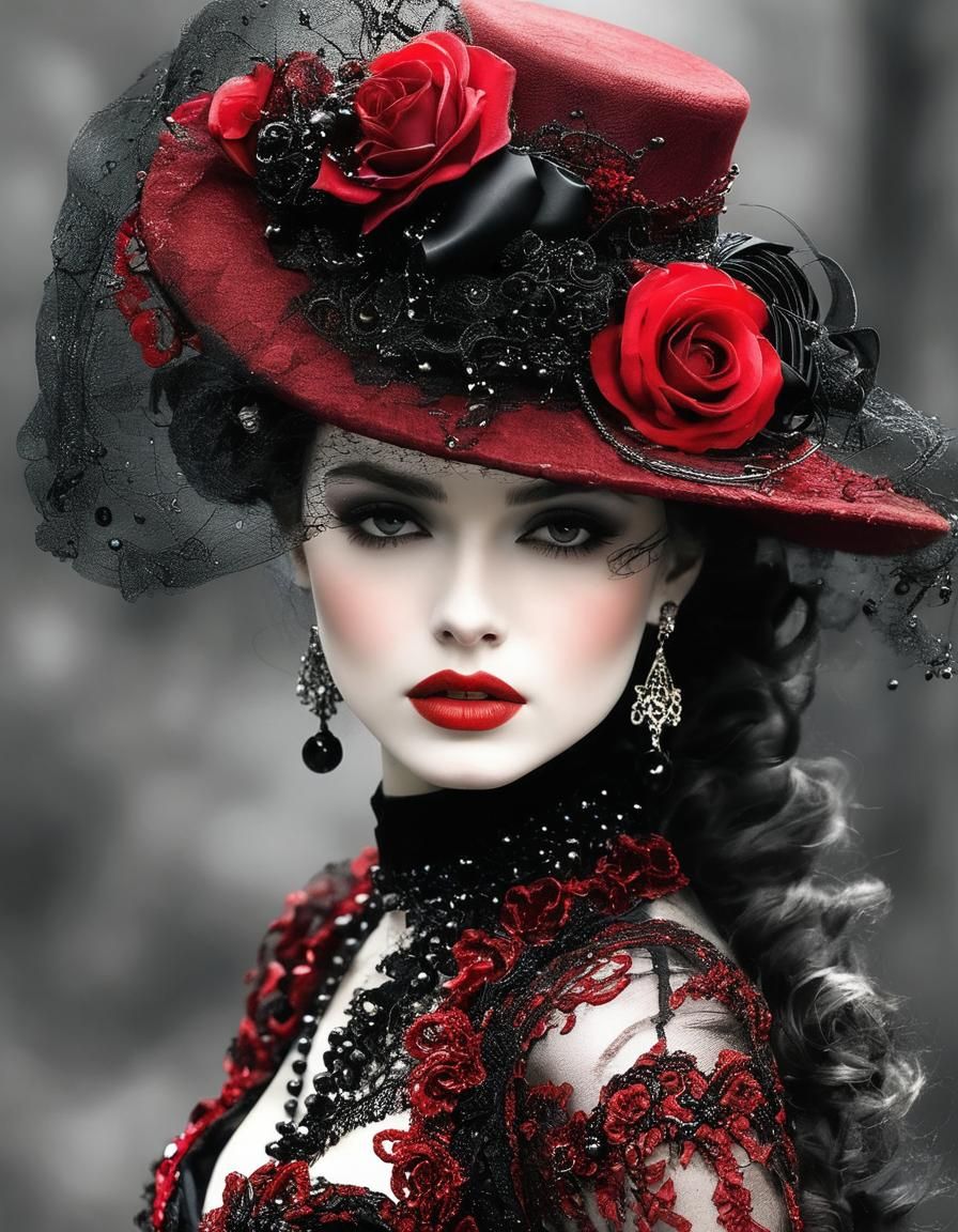 A highly detailed Victorian Gothic portrait of a woman wearing a dark red top hat