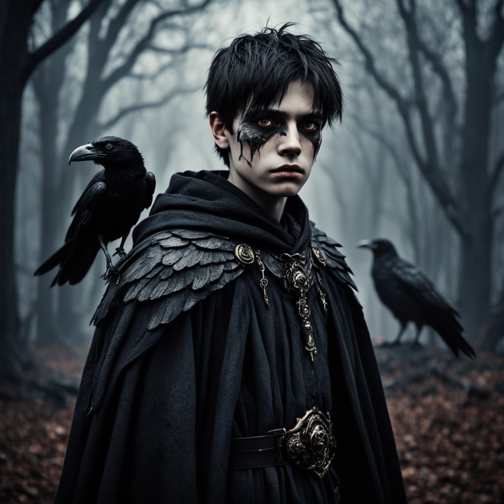 Dark Fantasy Portrait of a Scars-Bearing Boy with Raven Wing...