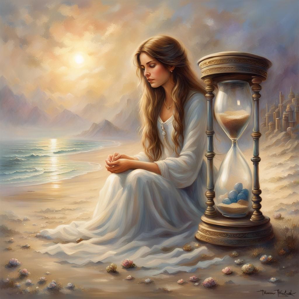 Sad Woman with Broken Hourglass on Beach