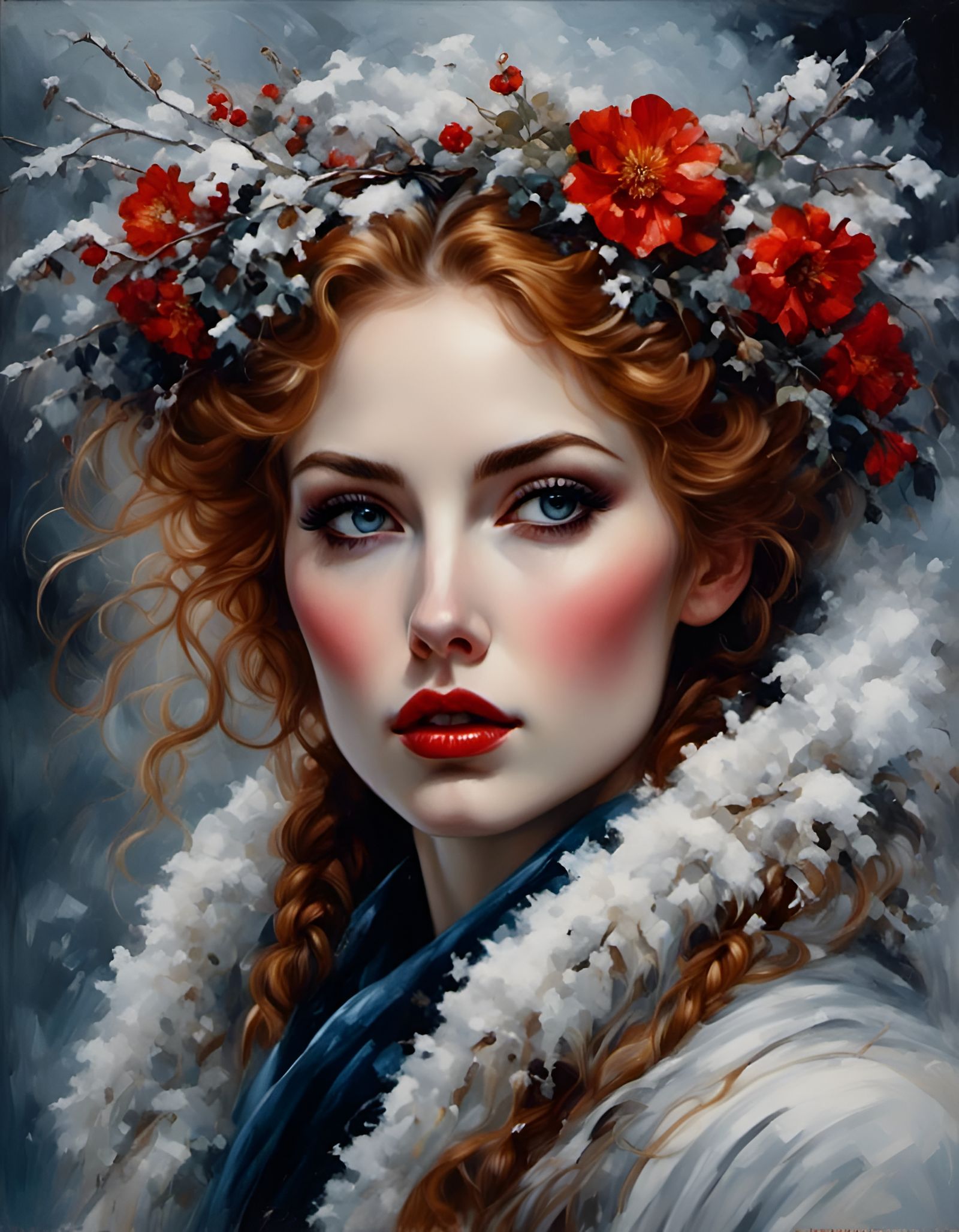 Stunning Woman with Frozen Flowers: Hyperrealistic Oil Paint...